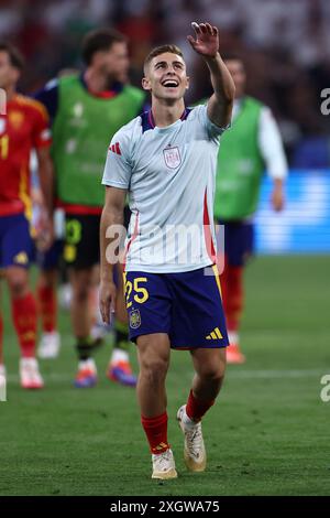 München, Deutschland. Juli 2024. Fermin Lopez aus Spanien feiert am 9. Juli 2024 in München das Halbfinalspiel der UEFA Euro 2024 zwischen Spanien und Frankreich. Quelle: Marco Canoniero/Alamy Live News Stockfoto