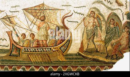 Odysseus und die Sirenen, Ulixes-Mosaik im Bardo-Nationalmuseum in Tunis, Tunesien, 2. Jahrhundert n. Chr Stockfoto