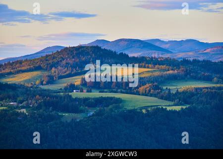 Blick aus der Vogelperspektive auf die Columbia Gorge Hills und Wälder bei Golden Hour Stockfoto