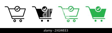 Warenkorb und Häkchen Symbol Logo Vektorkontur in Schwarz-weiß Stock Vektor