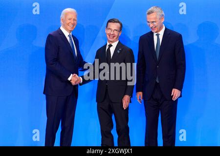 Washington, USA 20240710. Präsident Joe Biden, schwedischer Premierminister Ulf Kristersson und NATO-Generalsekretär Jens Stoltenberg während des NATO-Gipfels 2024. Foto: Javad Parsa / NTB Stockfoto