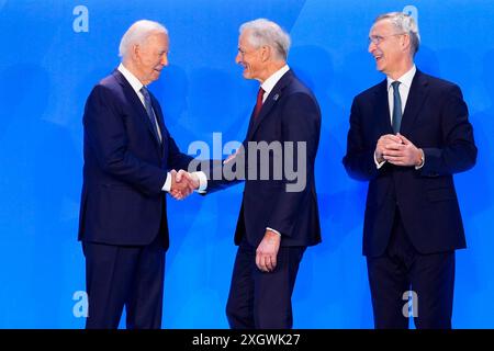 Washington, USA 20240710. Präsident Joe Biden, der norwegische Premierminister Jonas Gahr Store und NATO-Generalsekretär Jens Stoltenberg während des NATO-Gipfels 2024. Foto: Javad Parsa / NTB Stockfoto