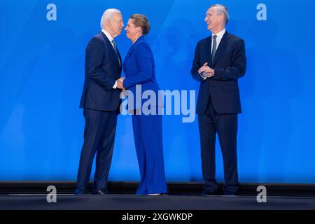 Washington DC, USA 20240710. NATO-Generalsekretär Jens Stoltenberg, US-Präsident Joe Biden und dänische Premierministerin Mette Frederiksen während eines Gruppenfotos beim NATO-Gipfel in Washington. Foto: Javad Parsa / NTB Stockfoto