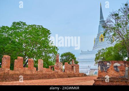 Besuchen Sie den antiken Tempel Wat Phukhao Thong mit seinem hohen weißen Chedi, Ayutthaya, Thailand Stockfoto