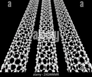 3D-Rendering molekularer Modelle von Kohlenstoff-Nanoröhren Stockfoto