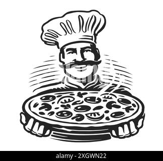 Glücklicher Koch, der ein Tablett mit heißer, großer Pizza in der Hand hält. Italienisches Fast Food Restaurant Emblem. Zeichnung Vektor-Illustration Stock Vektor