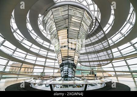 Der spiralförmige Gang und das moderne Design der Glaskuppel auf dem Berliner Reichstagsgebäude unter bewölktem Himmel. Sitz des Deutschen Bundestages, Berlin. Stockfoto