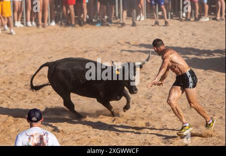 Junge Nachtschwärmer trotzen dem Stier, indem sie während des Bous a la Mar Festivals in Denia ins Wasser springen Stockfoto