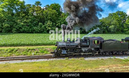 Eine Black Steam Lokomotive mit der Nummer 89, Puffing Thick Smoke, fährt entlang der Eisenbahngleise durch grüne Felder mit Einem dichten Wald im Hintergrund unter Einem klaren blauen Himmel. Stockfoto