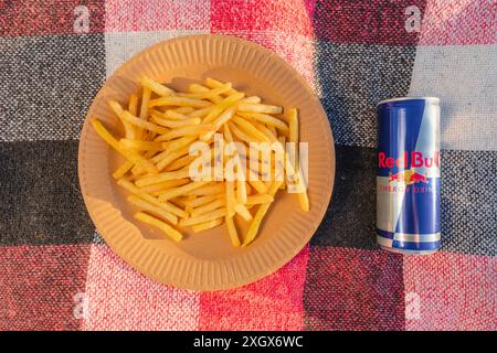 Krivoy Rog, Ukraine, 26. Juni 2024: Eine Dose Red Bull Energy Drink liegt neben einem Pappteller mit Pommes Frites auf einer Decke (Nahaufnahme) Stockfoto