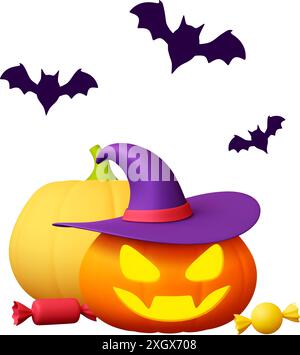 Wütende Kürbisse 3D Element. Kürbis im Hexenhut mit Süßigkeiten und fliegenden Fledermäusen. Isolierte Darstellungen für Halloween-Charaktere. Erntezeit, Vektorkonzept Stock Vektor