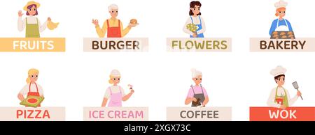 Cartoon-Anbieter. Verkäufer auf dem Markt für frische Lebensmittel mit Waren. Blumen Obst Burger Kaffee Wok und Bäckerei. Niedliche professionelle Vektor-Avatare Stock Vektor