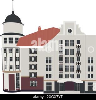 Authentische europäische historische Gebäude. Deutscher alter Architekturstil. Niedliche bunte Backsteinhäuser. Abbildung der Farbe der Vektorlinie. Stock Vektor