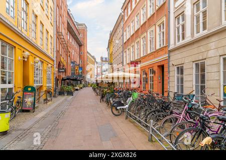 Mikkel Bryggers Gade, eine mittelalterliche Fußgängerzone, die heute mit bunten Geschäften und Cafés in der Altstadt von Indre, Kopenhagen, Dänemark, gesäumt ist. Stockfoto