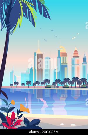 Skyline der Stadt Strand Palmen tropische Blumen reflektieren Meeresvögel Himmel Stock Vektor
