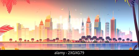 Moderne Stadt Skyline Sonnenuntergang Palmen Wolkenkratzer Reflexionen tropische Blätter lebendige Farben Reisekonzept Hintergrund Web Design Banner Stock Vektor