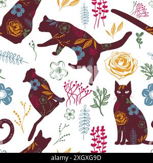 Silhouetten von Katzen und Blumen nahtlose Muster. Handzeichnung. Nicht AI, Vektorillustration Stock Vektor