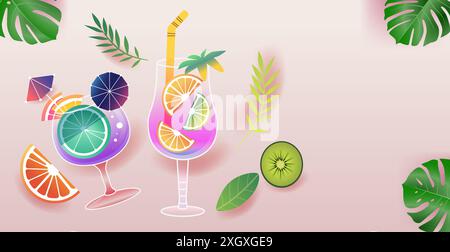 Tropische Cocktails mit Zitrusscheiben und Sonnenschirmen, umgeben von Monsterablättern, Kiwischeiben und Palmwedeln Stock Vektor