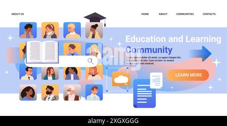 Bildung und Lernen Community Konzept mit verschiedenen Menschen Symbole offenes Buch Lupe Graduierung Cap Cloud Dokumentvorlagen bunt Stock Vektor