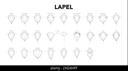 Revers und Kragen für Oberteile, Hemden, Jacken, Blusen, Mäntel Stile technische Mode Illustration. Flache Kleiderschablone, Vorderansicht. Frauen, Männer Unisex CAD Modell isoliert auf weißem Hintergrund Stock Vektor