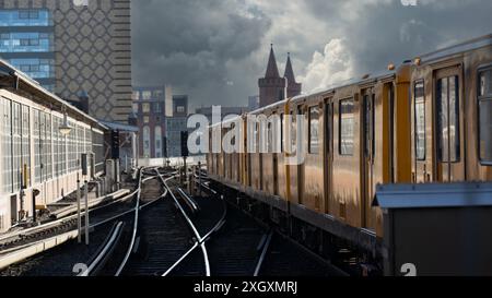 Die Straßenbahn kommt bei Wolkenbruch in Berlin am Bahnhof an Stockfoto