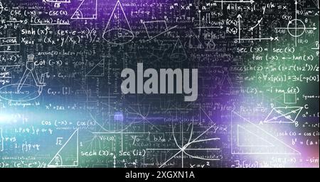 Bild von mathematischen Gleichungen und Diagrammen mit Objektivfackeln auf schwarzem Hintergrund Stockfoto