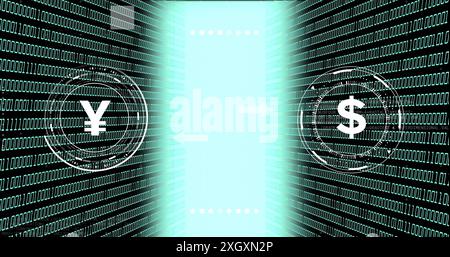 Abbildung des Binärcodes mit Yen- und Dollarsymbolen, Konzept für den Währungsumtausch Stockfoto