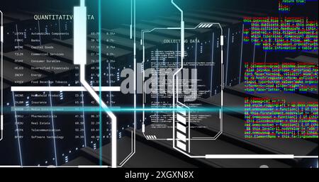 Bild von blauen Scannerstrahlen und Textdatendateien, die über einem dunklen Computerserverraum verarbeitet werden Stockfoto