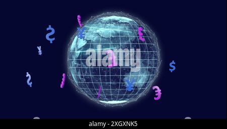 Bild einer Kugel der Verbindungen mit Währungssymbolen auf schwarzem Hintergrund Stockfoto