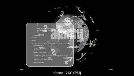 Bild des Globus mit Währungssymbolen und Datenverarbeitung auf schwarzem Hintergrund Stockfoto