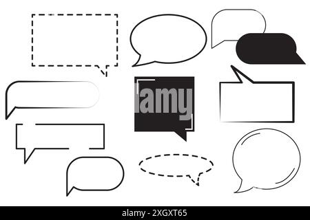 Schwarzweiß-Symbole. Sprachblasenvektor. Verschiedene Formen Set. Kontur und Volumenkörper. Stock Vektor