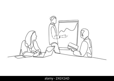 Einzelne durchgehende Linienzeichnung von Geschäftsmann-Treffen und -Präsentation in der Büroillustration Stock Vektor
