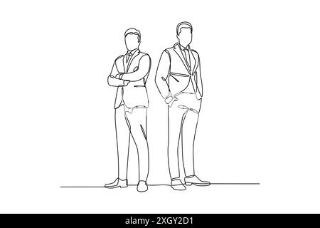 Durchgehende, einzeilige Zeichnung von zwei Geschäftsleuten, die mit überkreuzten Armen stehen. Illustrationsdesign Stock Vektor