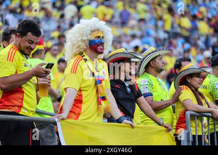 Charlotte, North Carolina, USA. Juli 2024. Kolumbianische Fans sehen sich vor dem Halbfinalspiel zwischen Uruguay und Columbia im Bank of America Stadium in Charlotte, NC, am 10. Juli 2024 warm-ups an. (Kreditbild: © Cory Knowlton/ZUMA Press Wire) NUR REDAKTIONELLE VERWENDUNG! Nicht für kommerzielle ZWECKE! Stockfoto