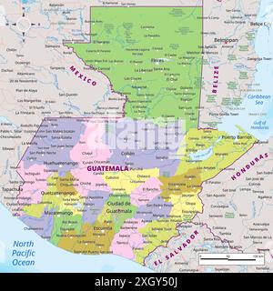 Guatemala politische Karte mit Hauptstadt, Städten, Städten, nationalen Grenzen, Flüssen und Seen. Kennzeichnung Stock Vektor