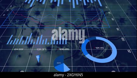 Bild der statistischen Datenverarbeitung über covid-19-Zellen, die vor grauem Hintergrund schweben. COVID-19-Pandemie und Business Data Technology-Konzept Stockfoto