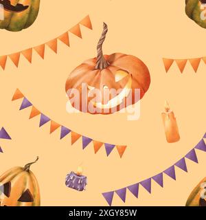 Nahtloses Halloween-Muster. Leuchtend orange Kürbisse mit geschnitzten Gesichtern orange und lila Kerzenflaggen Girlanden. Beigefarbene Feiertagselemente in A Stockfoto