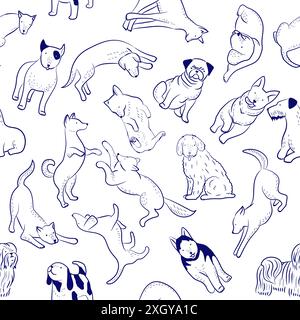 Hundemuster. Hand gezeichneter nahtloser Hintergrund mit Haustieren Hunden in verschiedenen Posen Stock Vektor