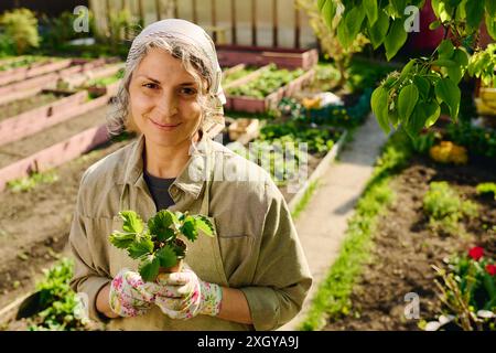 Glückliche, reife Bäuerin in Schutzhandschuhen und Arbeitskleidung, die Erdbeerkeimlinge im Topf hält und im Garten die Kamera betrachtet Stockfoto