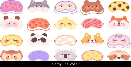 Schlafmaske. Verschiedene Masken für bequemes Schlafen zu Hause auf Reisen im Auto. Tourismuszubehör, Nachtschutz für Augen mit Dekor, rassig Stock Vektor