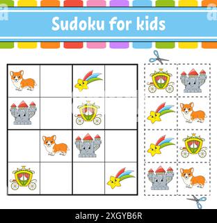 Sudoku für Kinder. Märchenstil. Arbeitsblatt zur Entwicklung von Schulungen. Aktivitätsseite mit Bildern. Puzzle-Spiel für Kinder. Isolierte Vektordarstellung. Stock Vektor