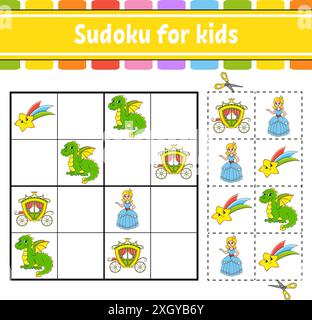 Sudoku für Kinder. Märchenstil. Arbeitsblatt zur Entwicklung von Schulungen. Aktivitätsseite mit Bildern. Puzzle-Spiel für Kinder. Isolierte Vektordarstellung. Stock Vektor
