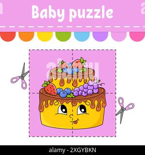 Puzzle für Babys. Einfaches Level. Flash-Karten. Schnitt und Spiel. Arbeitsblatt zur Farbaktivität. Spiel für Kinder. Cartoon-Charakter. Stock Vektor