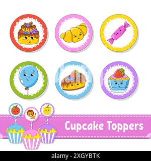 Toppers Für Cupcake. Set aus sechs runden Bildern. Zeichentrickfiguren. Niedliches Bild. Für Geburtstag, Party, Baby-Dusche. Stock Vektor