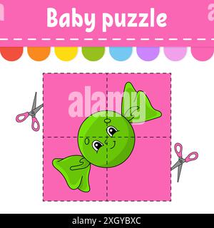 Puzzle für Babys. Einfaches Level. Flash-Karten. Schnitt und Spiel. Arbeitsblatt zur Farbaktivität. Spiel für Kinder. Cartoon-Charakter. Stock Vektor
