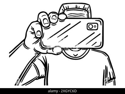Die männliche Hand hält das Telefon und macht Fotos auf der Kamera. Kontur umreißen. Konstruktionselement. Vektorillustration isoliert auf weißem Hintergrund. Templat Stock Vektor