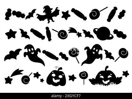 Set aus Kürbiselementen, Geistern, Süßigkeiten, Sternen. Schwarze Silhouette. Designelement. Vektordarstellung auf weißem Hintergrund isoliert. Halloween-Thema. Stock Vektor