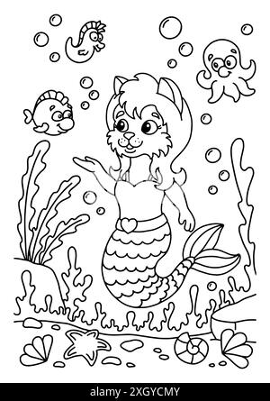 Nette Meerjungfrau Katze in der Unterwasserwelt. Malbuch Seite für Kinder. Cartoon-Stil. Vektordarstellung auf weißem Hintergrund isoliert. Stock Vektor