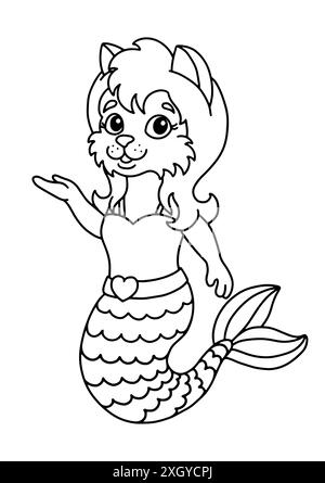 Süße kleine Meerjungfrau Katze. Malbuch-Seite für Kinder. Zeichentrickstil. Vektorillustration isoliert auf weißem Hintergrund. Stock Vektor