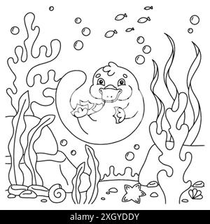 Niedliche Tierplatypus. Malbuch-Seite für Kinder. Zeichentrickstil. Vektorillustration isoliert auf weißem Hintergrund. Stock Vektor